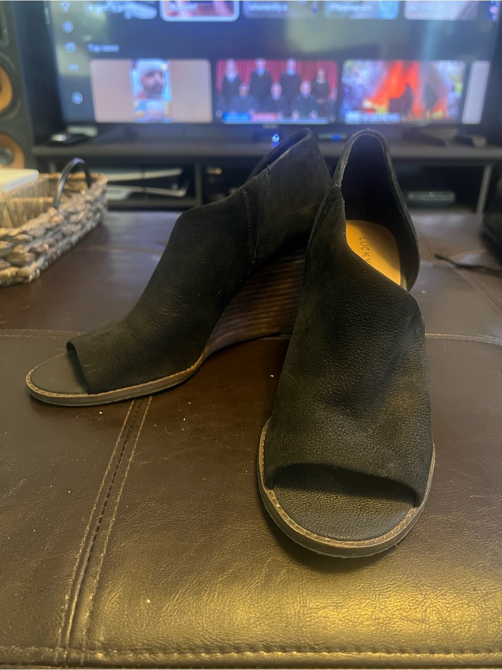 Lucky Brand Black Suede Peep-Toe Wedge Mules